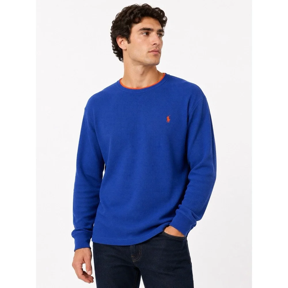 Polo Ralph Lauren Thermal Waffle Knit Shirt Mens L Blue Orange Pony Cotton